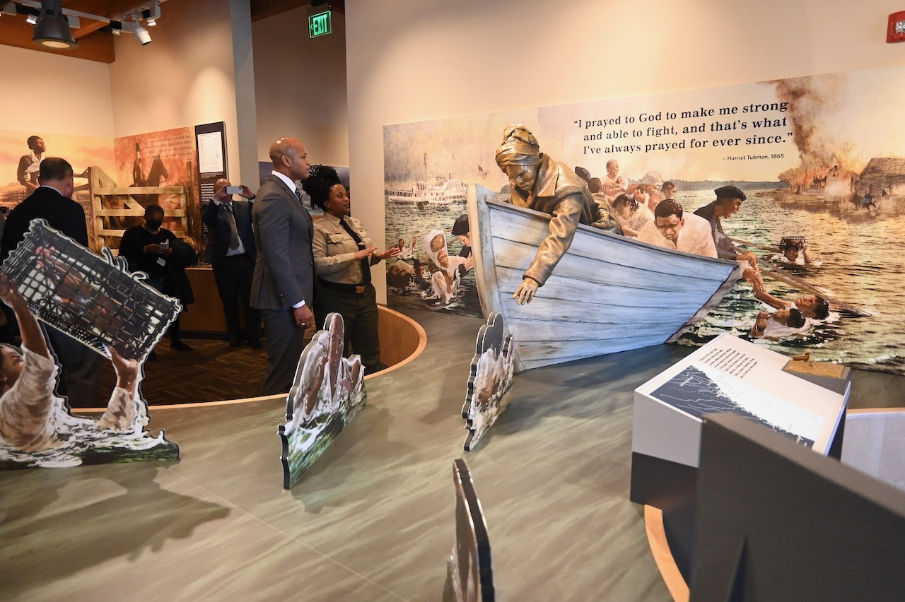 Tina Wyatt introduced the history of Harriet Tubman Underground Railroad Visitor Center with Governor Moore.