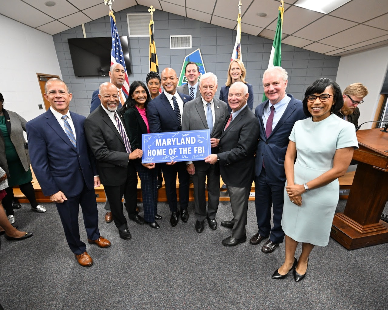 Governor Moore and members of the Maryland Delegation stand together after the FBI Selection Press Conference.