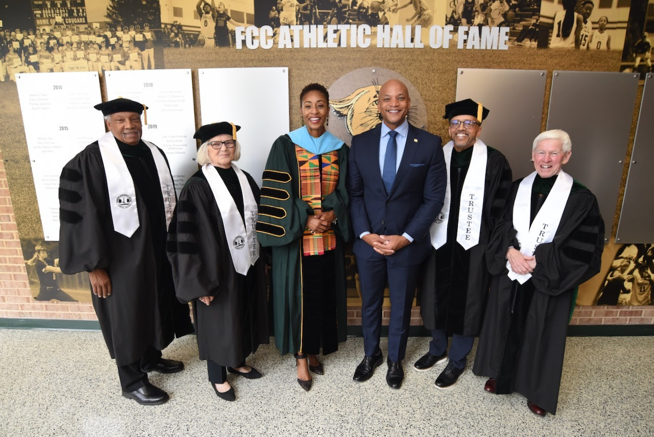 Governor Moore stands with President Dr. Annesa Payne Cheek and members of Frederick Community College.