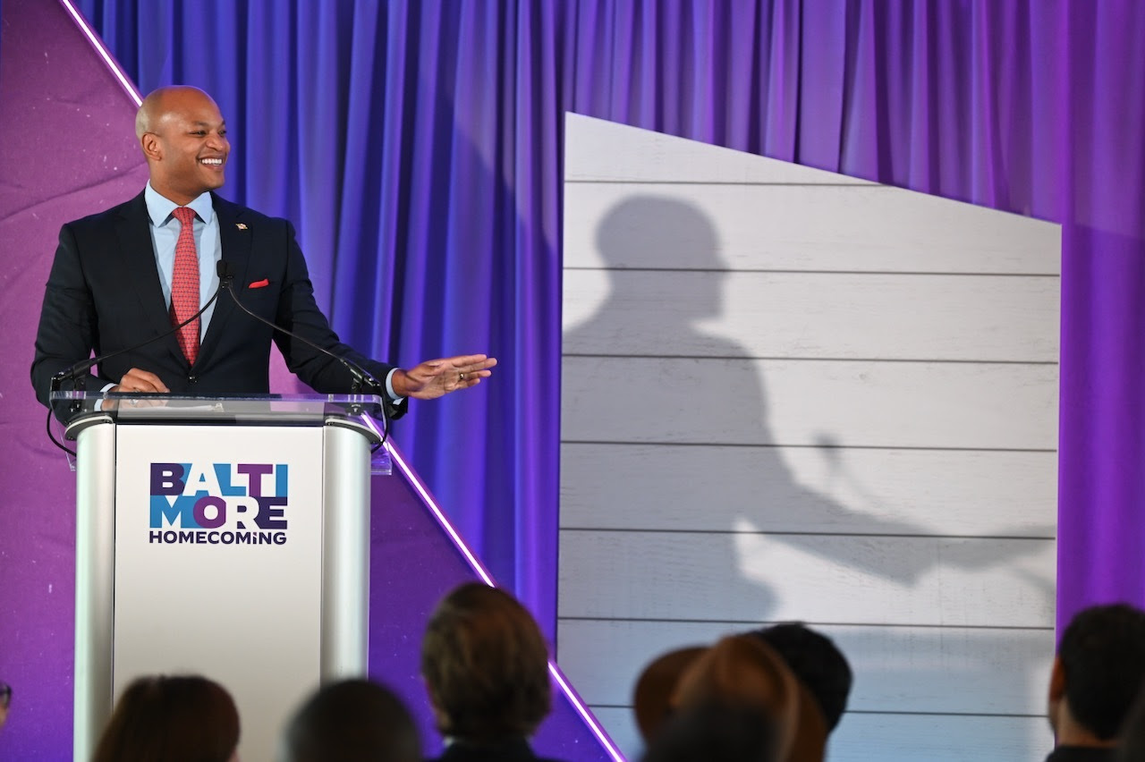 Governor Moore speaks to the crowd at the 2023 Baltimore Homecoming.