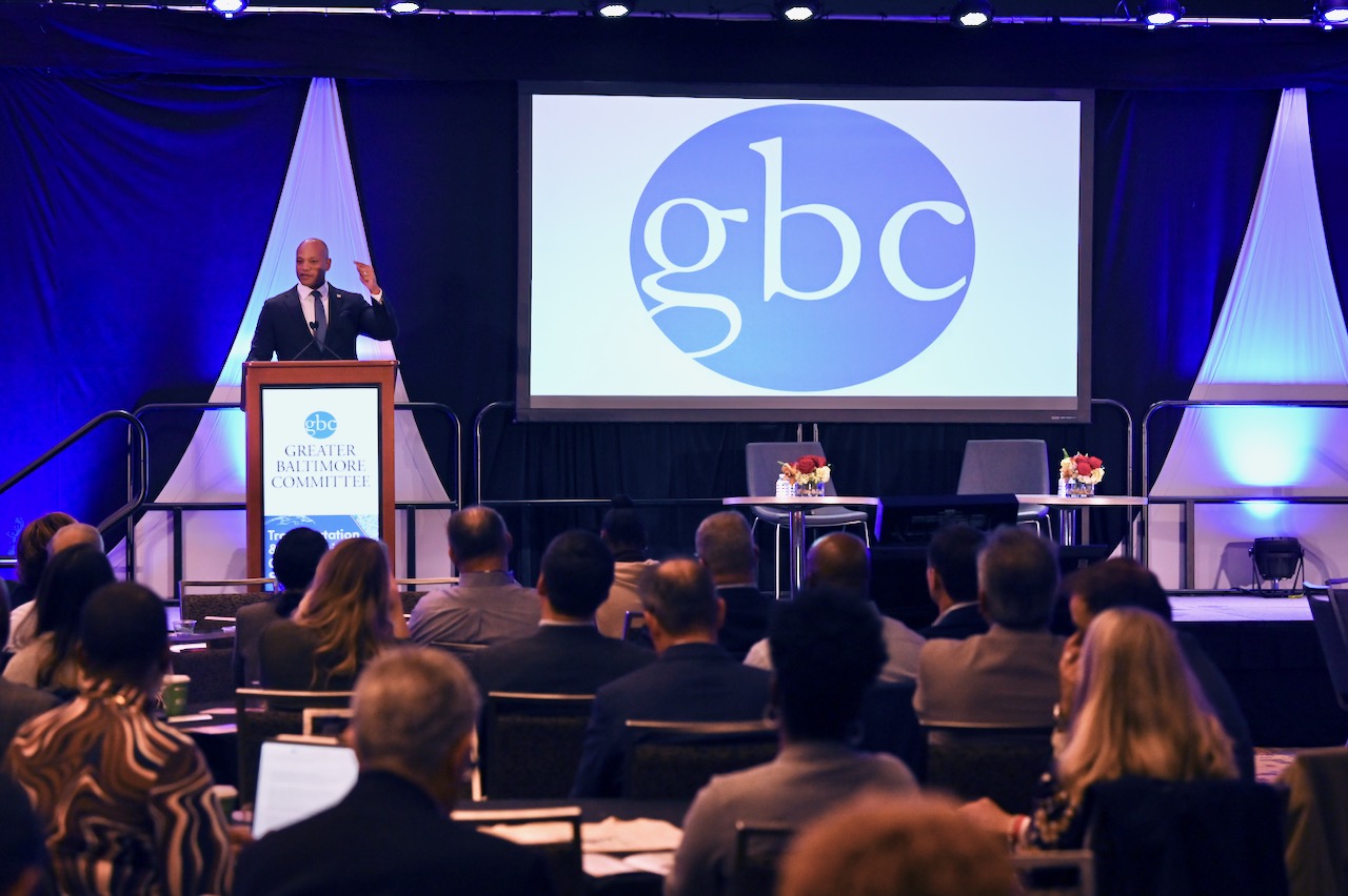 Governor Moore addresses the audience at the 2023 Greater Baltimore Committee Transportation and Economic Opportunity Summit