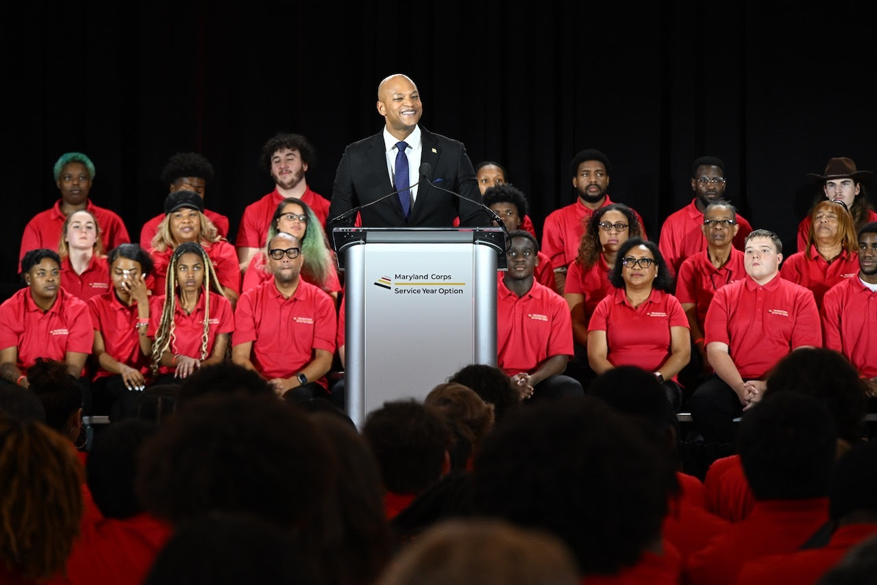 Governor Moore speaks to the crowd at the Service Year Launch at the University of Maryland, College Park.