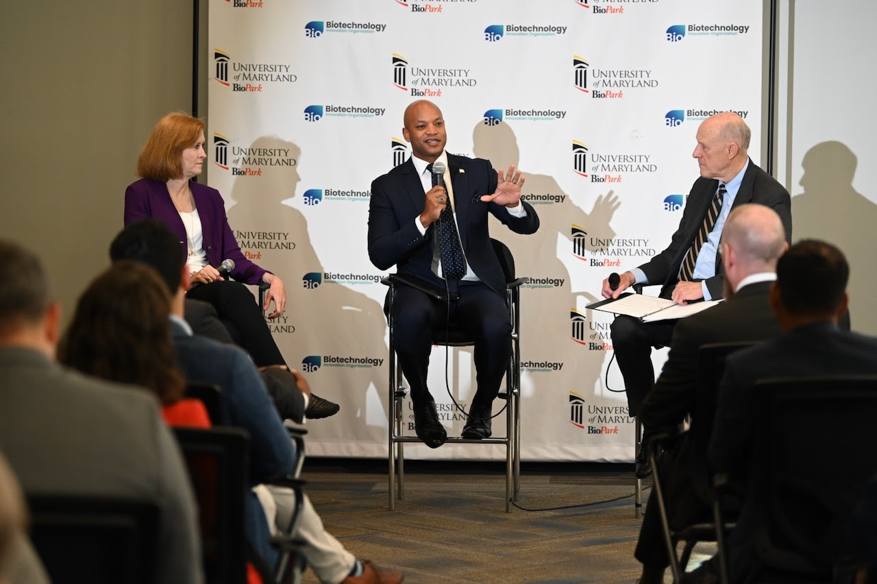 Governor Moore speaks to a crowd at the University of Maryland BioPark